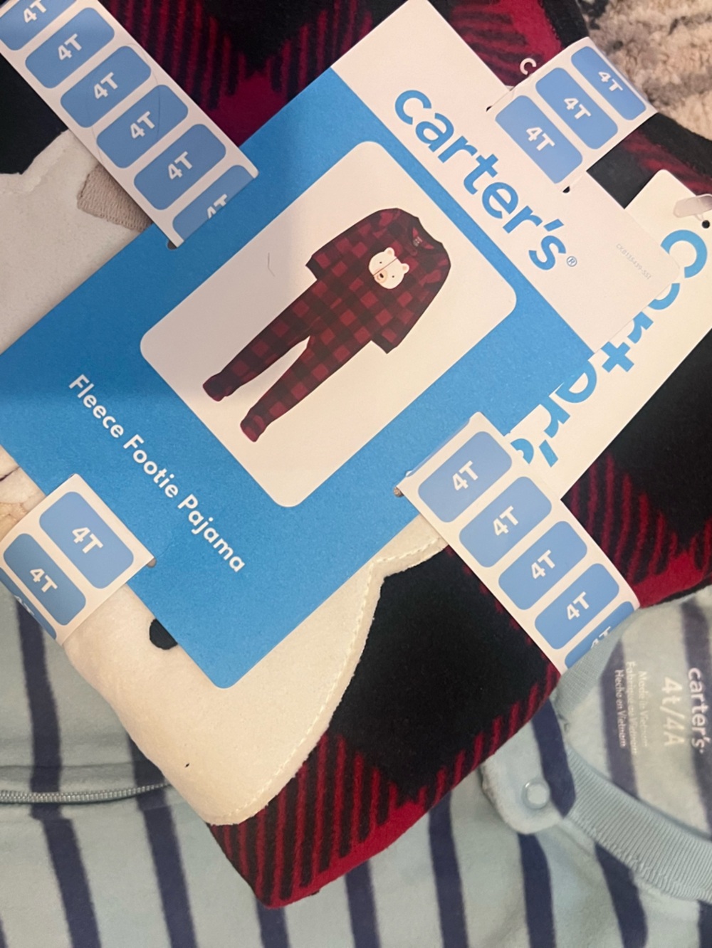 Carter's Red and Black Buffalo Plaid Fleece Footed Pajamas 3 pairs